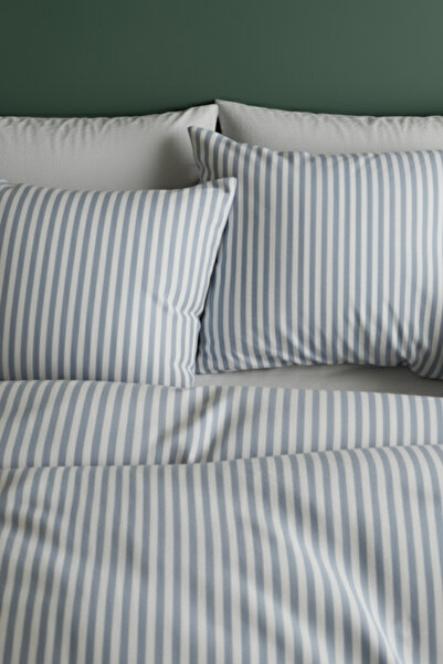 Perotti Natural Ranforce Blue Striped Single Duvet Cover Set 100% Organic Cotton