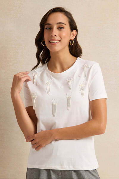 REDTAG Women White Embellished T-Shirt