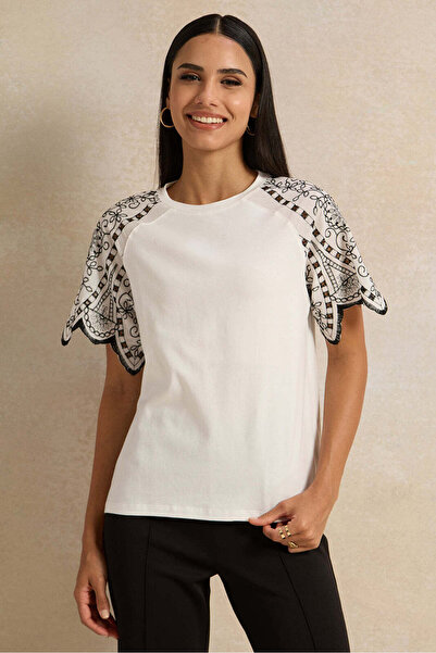 REDTAG Women White Contrast Broderie Sleeve Top