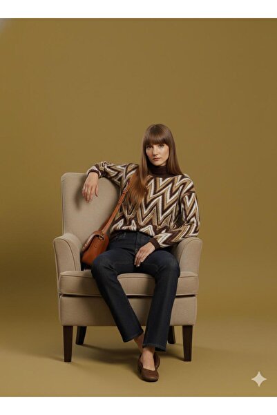 Lal Triko Zig Zag Patterned Turtleneck Sweater 12407