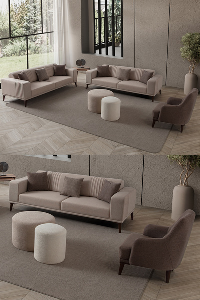 EDSY HOME Regnar 3+3+1 Koltuk Takımı Sütlü Kahve + Kahverengi