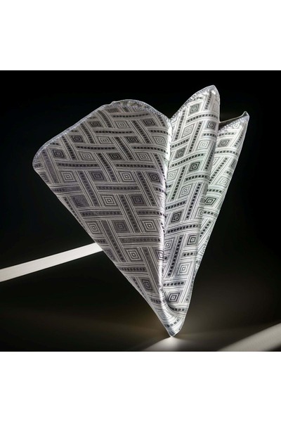 Exve Exclusive Gray Silver Black Geometric Square Pattern Pocket Lapel Handkerchief