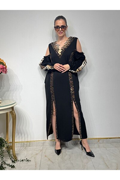 Charlize Baskılı Deri Detaylı Taş işlemeli  İki İplik ELBİSE