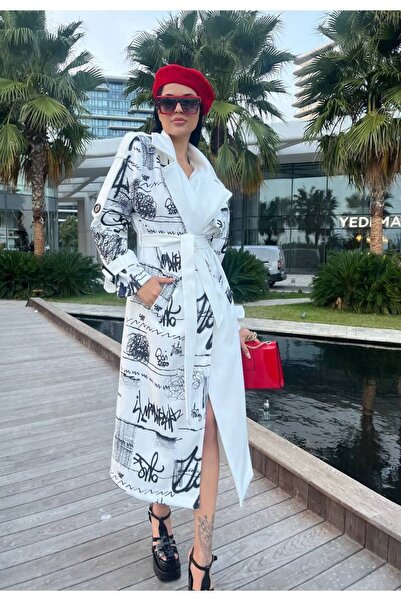 Siseniorita Women's Long Trench Coat with Printed and Waist Belt