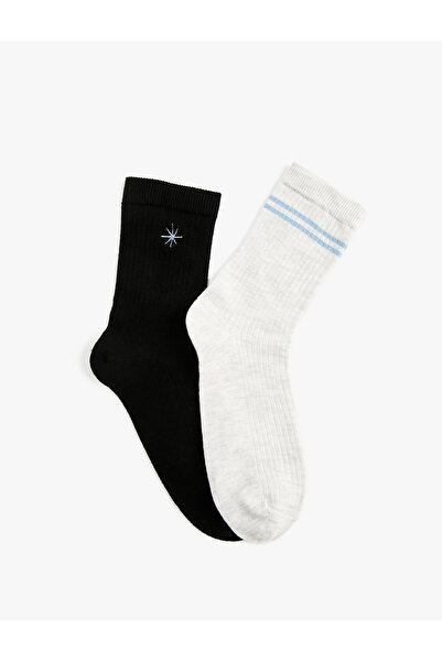 Koton Cotton Socket Embroidered 2-Piece Socks Set