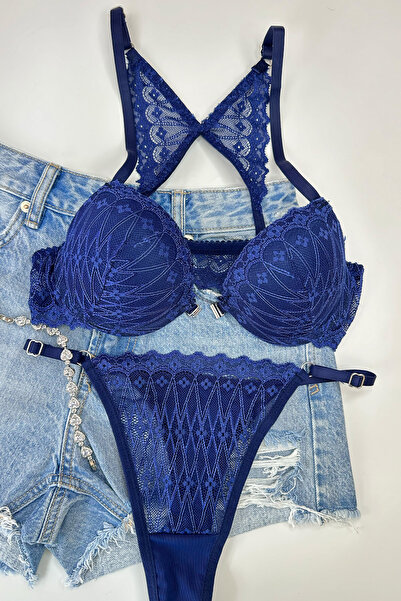 Morensa Front Opening Butterfly Detailed Supported Lace Lingerie Set Navy Blue