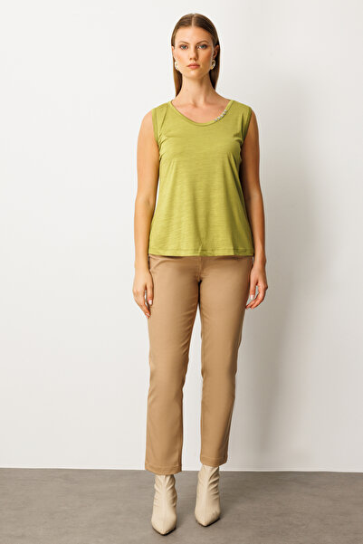 ON Women's Plus Size Collar Button Detailed Sleeveless Basic Blouse 61333 Oliv