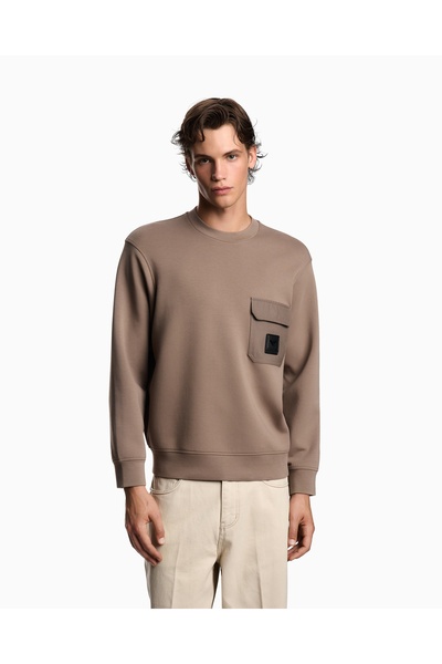 Emporio Armani Men's Regular Fit Round Neck Pocket Detail Long Sleeve Beige Sweatshirt Em002925 Af10013-U6189