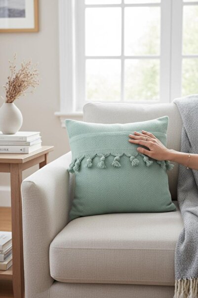 ANJEAHOME Moselle Tasseled Mint Green Throw Pillow Cover 45X45 cm |   85% Cotton, Washable Fabric |   Stylish Design
