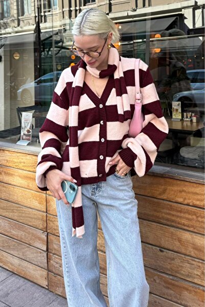 Madmext Bordo Çizigli Atkılı Kadın Triko Hırka MG2588