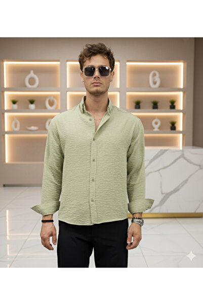 Mamlay Ανδρικό λινό πουκάμισο με καλοκαιρινή υφή Green Half oversized
