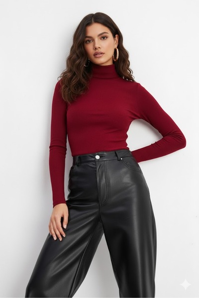 TRİYA FASHİON Long Sleeve 3-Piece Women's Turtleneck Badi (Burgundy-Black-White)