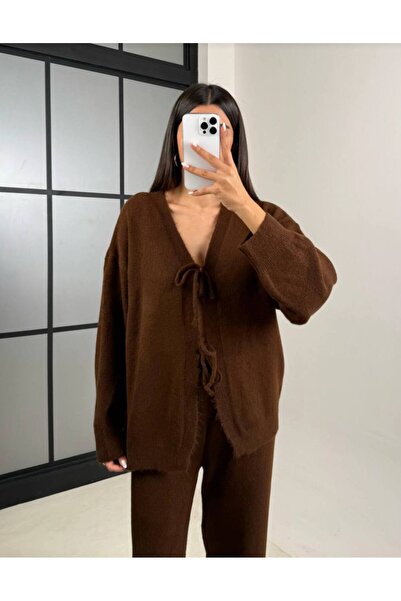 WomanStyle Kadın Kahverengi Önü Bağlamalı Hırka Beli Bağlamalı Yumuşak Triko Takım