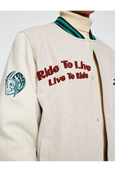 Koton College Jacket Bomber Collar with Embroidery Detail, Snap Buttons and Pockets