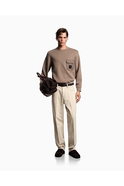 Emporio Armani Men's Regular Fit Round Neck Pocket Detail Long Sleeve Beige Sweatshirt Em002925 Af10013-U6189