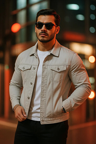 Serseri Erkek Pamuklu Polo Yakalı Dar Gri Kot Ceket