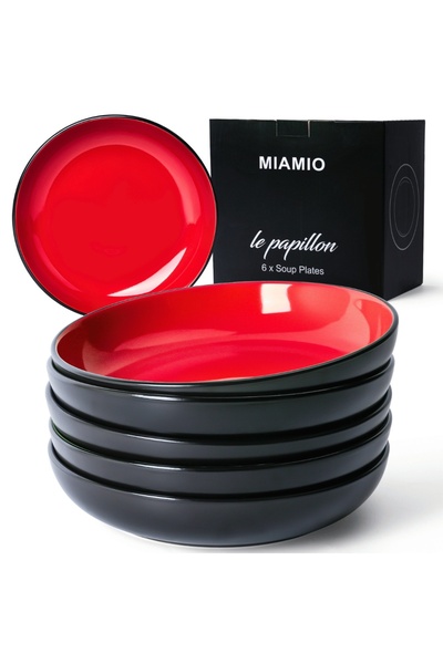 MIAMIO Set de 6 farfurii adânci, colecția Le Papillon, ceramică, 900ml, roșu