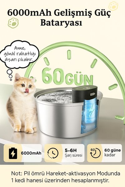 Fauna Pet Supplies Şarjlı Otomatik Kedi Su Pınarı Paslanmaz Çelik – 3.2L Sessiz Akıllı Su Kabı (Güçlü Batarya)