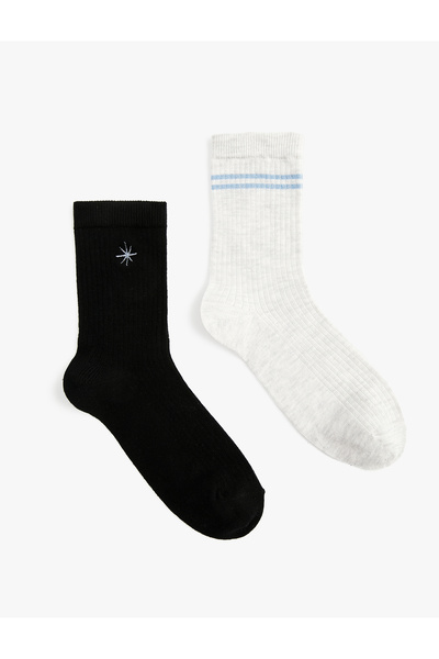 Koton Cotton Socket Embroidered 2-Piece Socks Set