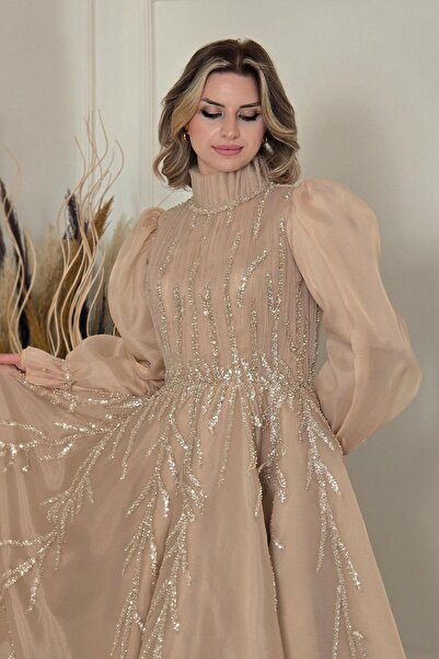 Yonca Moda Evi Bej Özel Tasarım Abiye 4524
