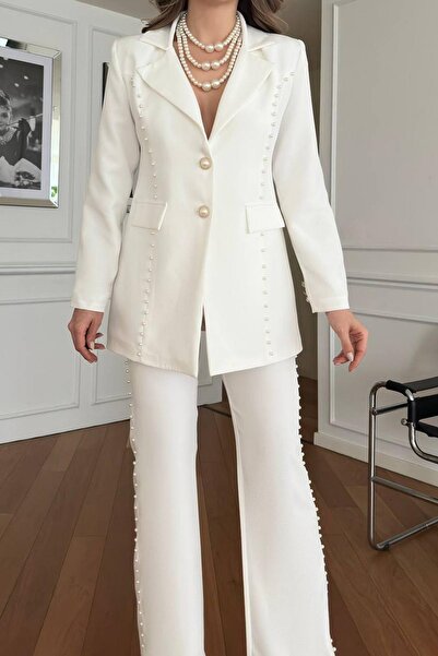 MDZ COLLECTION İnci İşleme Detaylı Ceket Pantolon Takım
