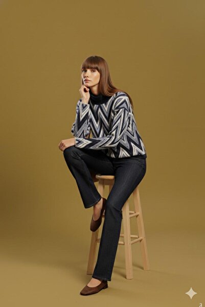 Lal Triko Zig Zag Patterned Turtleneck Sweater 12407