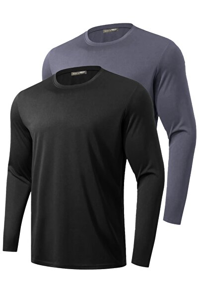 GHASSY CO. 2-Pack Men's 100% Cotton Stretch Fabric Sports Running Casual Training Long Sleeve Combed Cotton T-Shirt