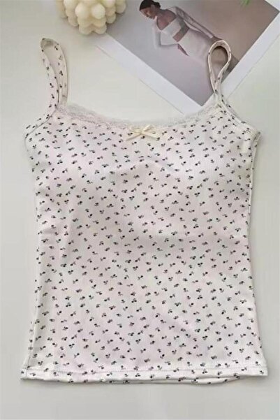 İsra Ayyıldız Moonstar Collection Ecru Mini Bow and Floral Patterned Y2K Stra...