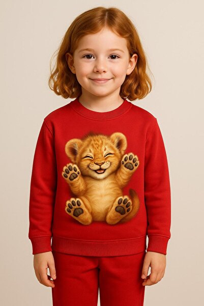 playwear سويت شيرت برقبة دائرية وأكمام طويلة بنمط جرو الأسد المتكئ DESENLİ Ş ...