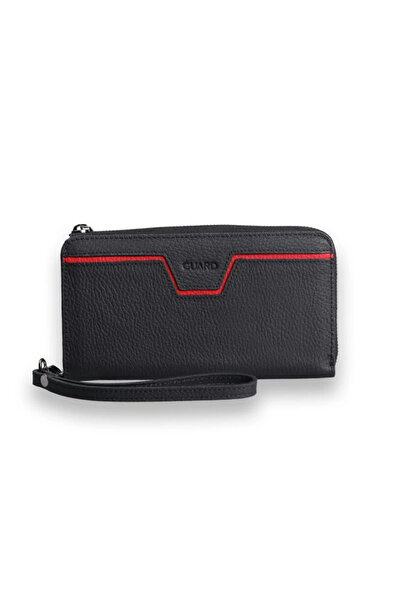 GUARD Matte Black - Red Multifunctional Genuine Leather Wallet and Handbag