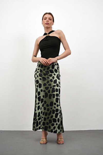 Gugus Women's Satin Skirt A-Cut Patterned Imported Fabric