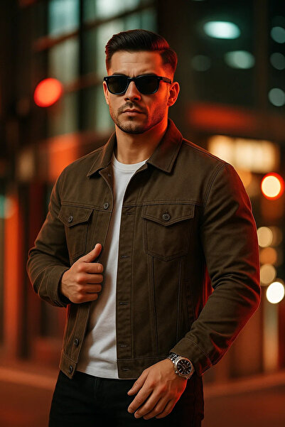 Serseri Erkek Pamuklu Polo Yakalı Dar Haki Kot Ceket