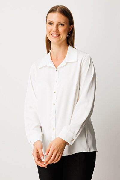 Ekol Γυναικείο Σατέν Πουκάμισο με Κουμπιά Μεγάλο Μέγεθος 3505 Εκρού