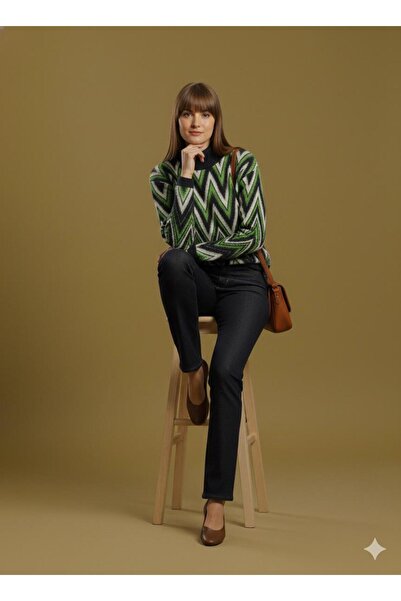 Lal Triko Zig Zag Patterned Turtleneck Sweater 12407