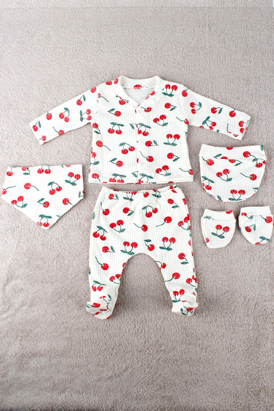 Çocuksan Baby&Kids Wear Baby Girl Red Cherry Patterned Combed Cotton Hospital Release 5-Piece Set - Bodysuit, Organic Cotton, Soft