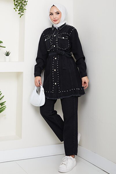 Hb Harma Time Butik Women's Pearl Detailed Belted Black Denim Suit