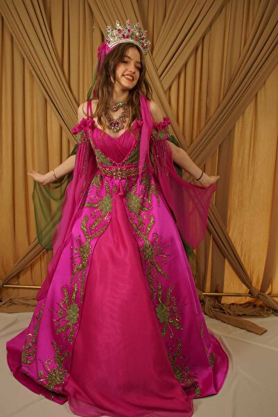 Hindistan Dükkan Fuşya Cavalli Saten Kaftan