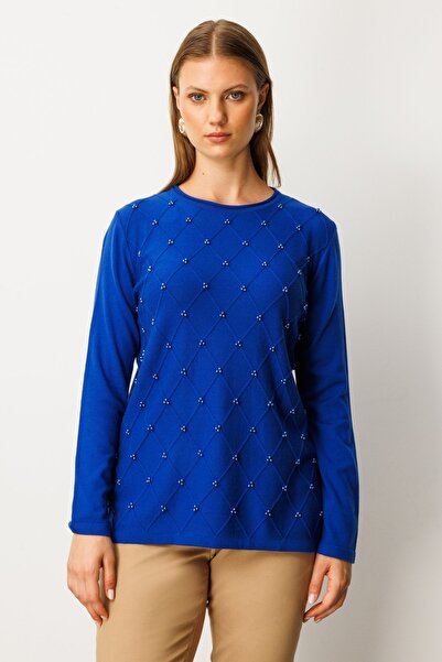 ON Women's Plus Size Crew Neck Bead Detailed Knitwear Sweater 63312 Cobalt