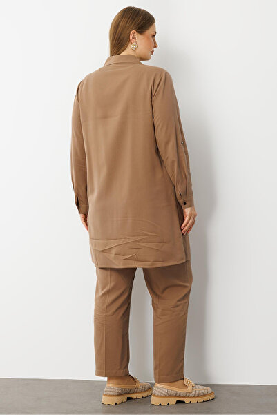 Moda İlgi Women's Plus Size Front Robe Leaf Patterned Stone Tunic 0301 Mink