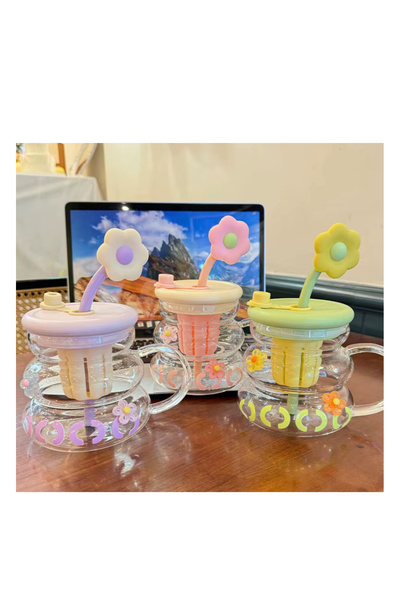 AKÇE Pipetli Cam Bardak Detoks Hazneli Pipetli Kupa Soğuk Kahve Bardağı