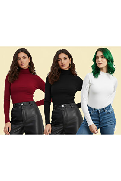 TRİYA FASHİON Long Sleeve 3-Piece Women's Turtleneck Badi (Burgundy-Black-White)