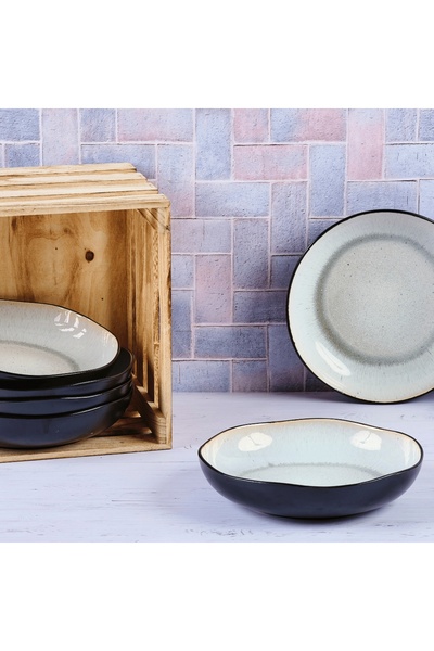 BJORN Set of 6 Deep plates, Iris collection, glazed ceramic, Ø22.5 cm, Ivory white