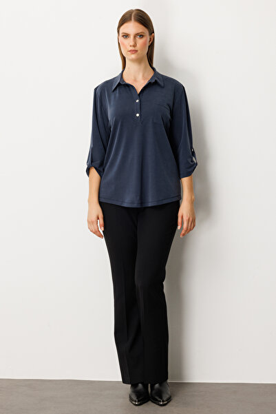 ON Women's Plus Size Collar Buttoned Pocket Detailed Blouse 61356 Indigo