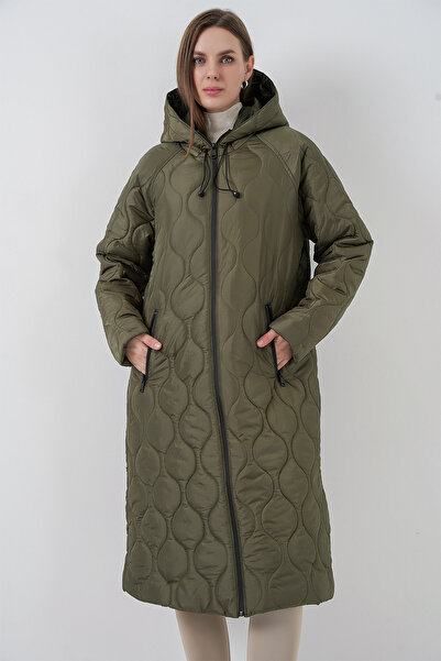 Bigdart 5177 Hooded Long Quilted Coat - Khaki