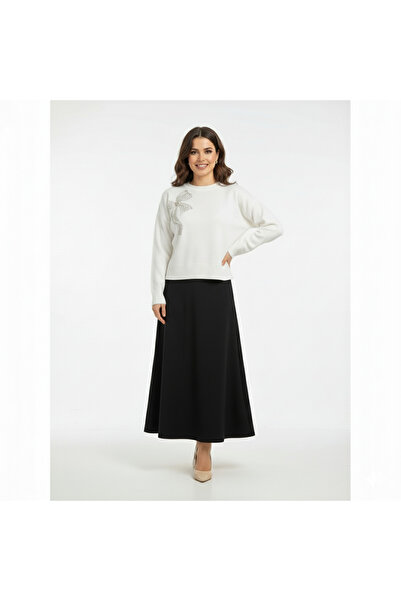 Blue Morpho Trendy Knitwear with Bow and Stone Detail, Crop Sweater over Skirt