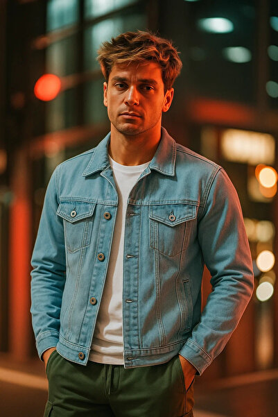 Serseri Erkek Pamuklu Polo Yakalı Dar Buz Mavi Kot Ceket