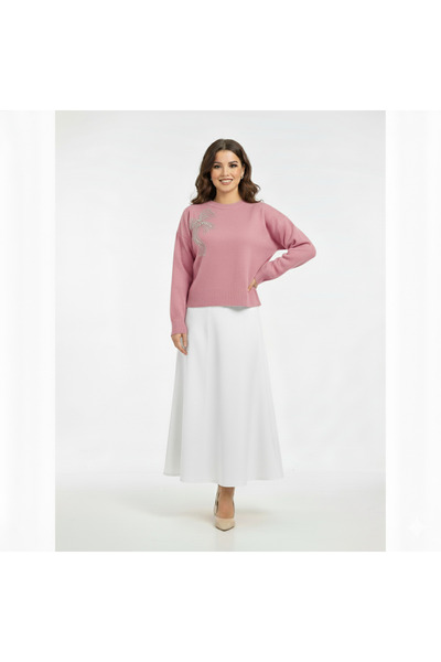 Blue Morpho Trendy Knitwear with Bow and Stone Detail, Crop Sweater over Skirt