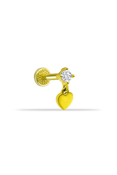 Dianora Piercing 14 Ayar Altın Taşlı Kalp Sallantılı Minimal Tragus Piercing