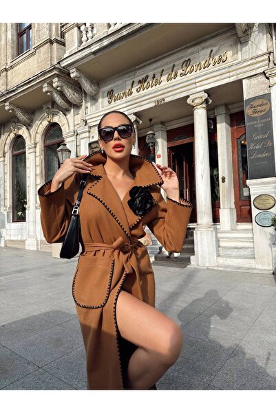 Siseniorita Elegant Women's Midi Coat, With Contrasting Trim and Floral Brooch Detail, Waist Belt