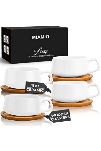 MIAMIO Set de 4 cești de cappuccino cu farfurie din bambus, colecția Luxe, ceramică, alb, 320 ml